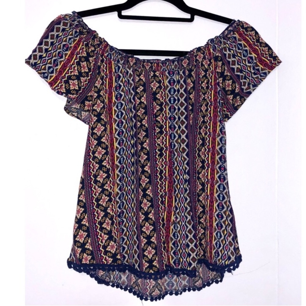 Multi Color Pattern Short Sleeve Peasant Top